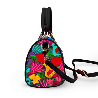 All Over Colorful Botanical and Ornithology Themed Classic Barrel-Shaped PU Leather Handbag