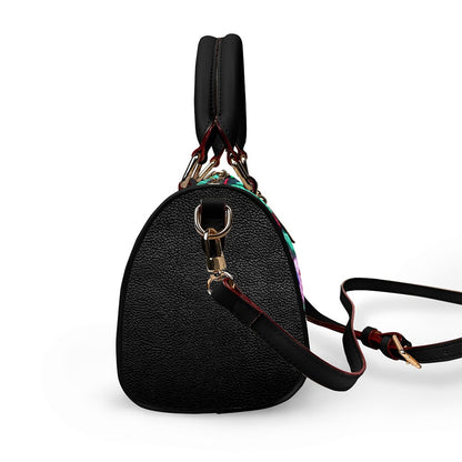 Botanical Floral Themed Barrel-Shaped PU Leather Handbag