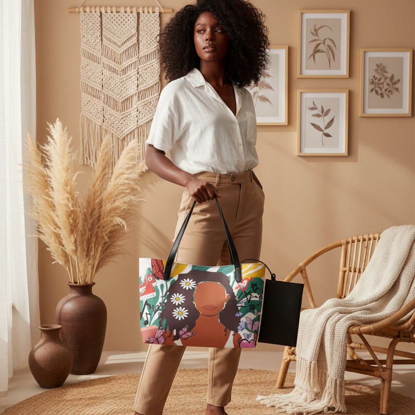 Afro Woman Art Graphic Shopping Tote Bag With Black Mini Purse