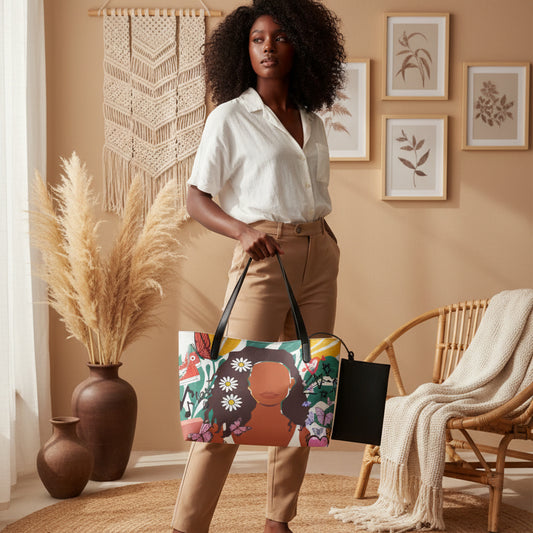 Afro Woman Art Graphic Shopping Tote Bag With Black Mini Purse