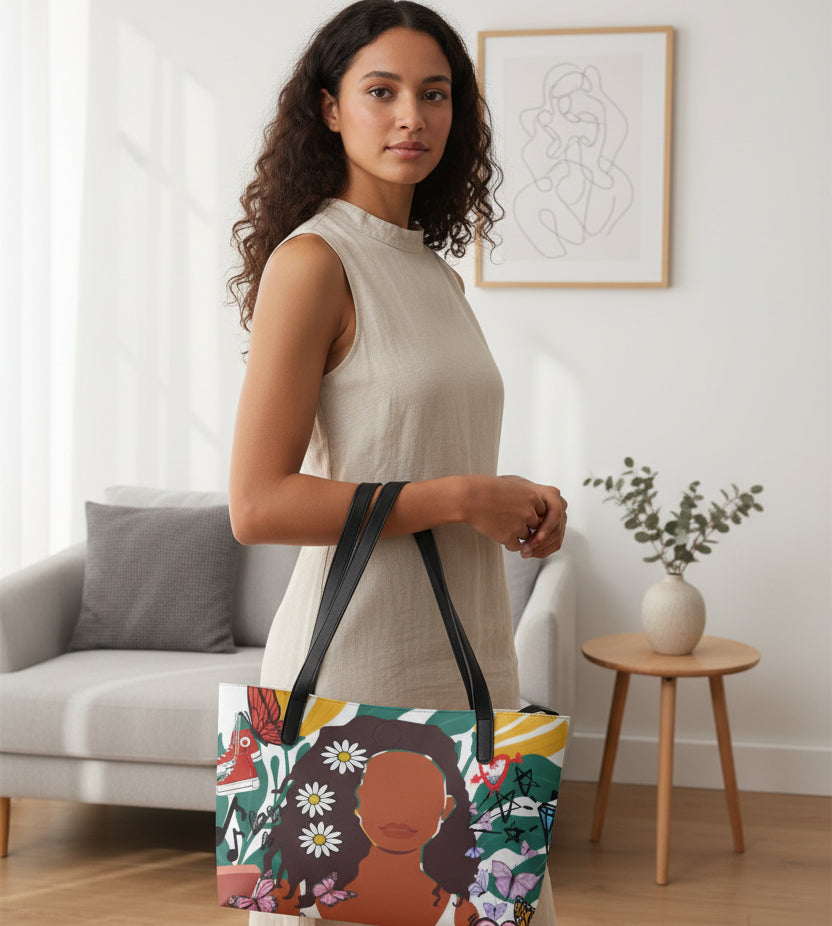 Graphic Shopping Tote Bag Featuring Afro-Centric Art, Accompanied by a Matching Black Mini Purse Yoycol