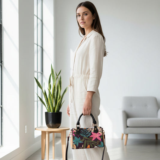 Botanical Floral Barrel-Shaped PU Leather Handbag