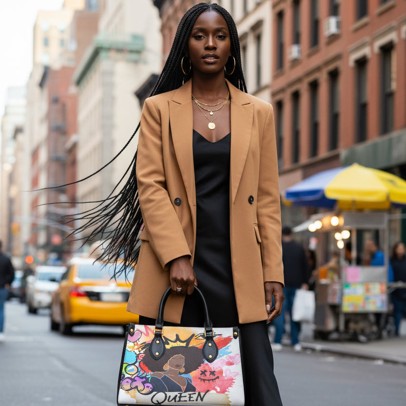 Afro Queen Art Graphic Women's Tote Bag With Black Handle