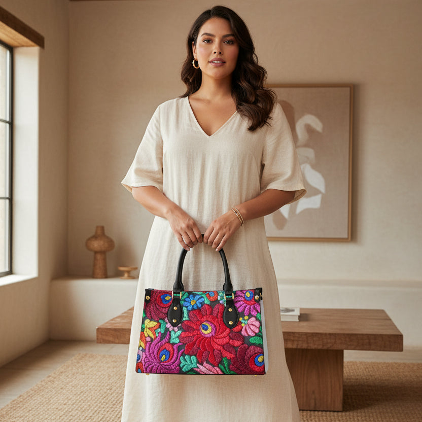 Women's Tote Bag Featuring Floral Embroidery Print and Black Handles Yoycol