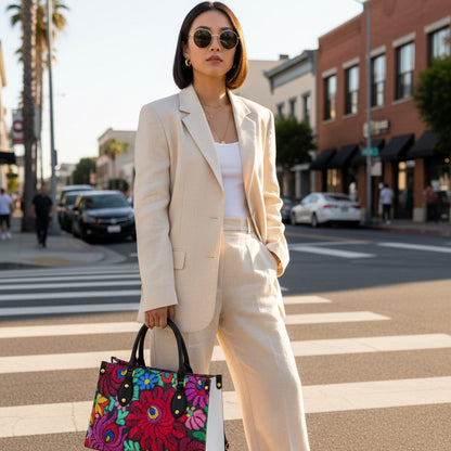 Floral Embroidery Inspired Women's Tote Bag With Black Handle