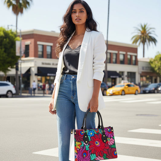 Women's Tote Bag Featuring Floral Embroidery Print and Black Handles