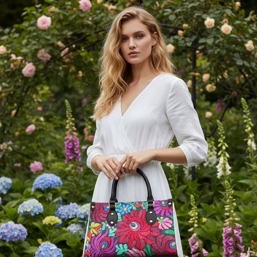 Floral Embroidery Inspired Women's Tote Bag With Black Handle
