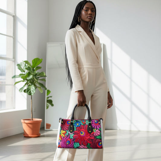 Floral Embroidery Inspired Women's Tote Bag With Black Handle