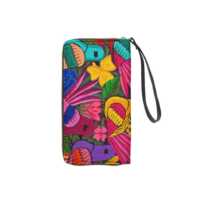 Ornithology and Floral Themed Long Wallet With Black Hand Strap