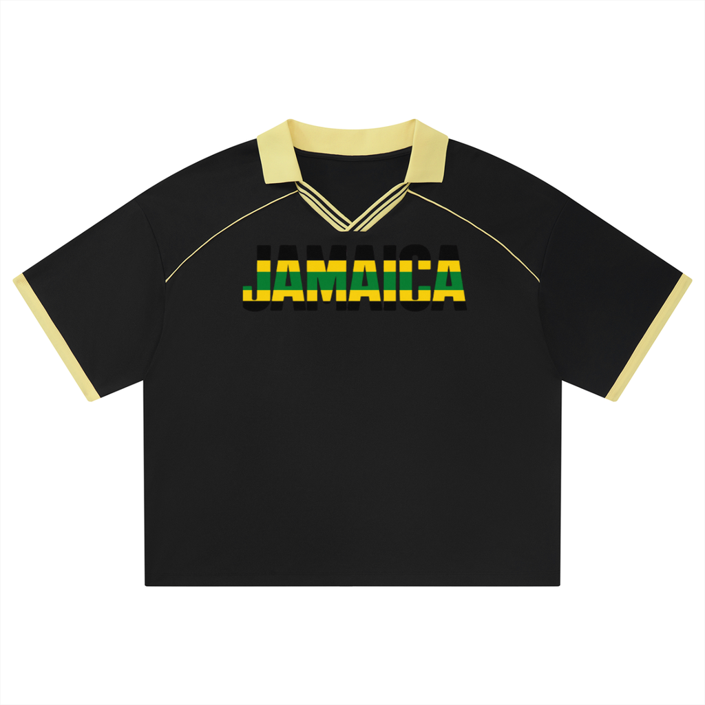Unisex Boxy Soccer Jersey with Piping in Jamaica Flag Colors