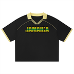 Unisex Boxy Soccer Jersey with Piping in Jamaica Flag Colors