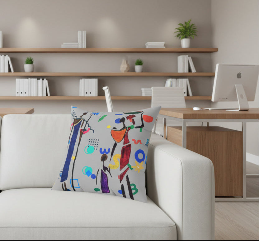 Ethnic Family Doodle Spun Polyester Square Pillow - Handcrafted Home Decor Printify