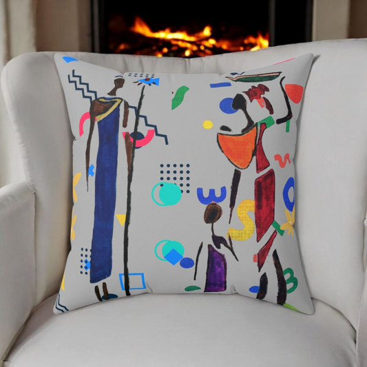 Ethnic Family Doodle Spun Polyester Square Pillow - Handcrafted Home Decor