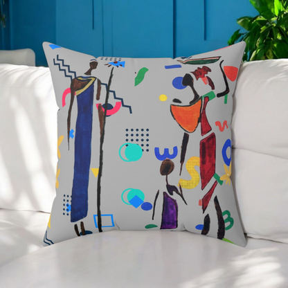 Ethnic Family Doodle Spun Polyester Square Pillow - Handcrafted Home Decor