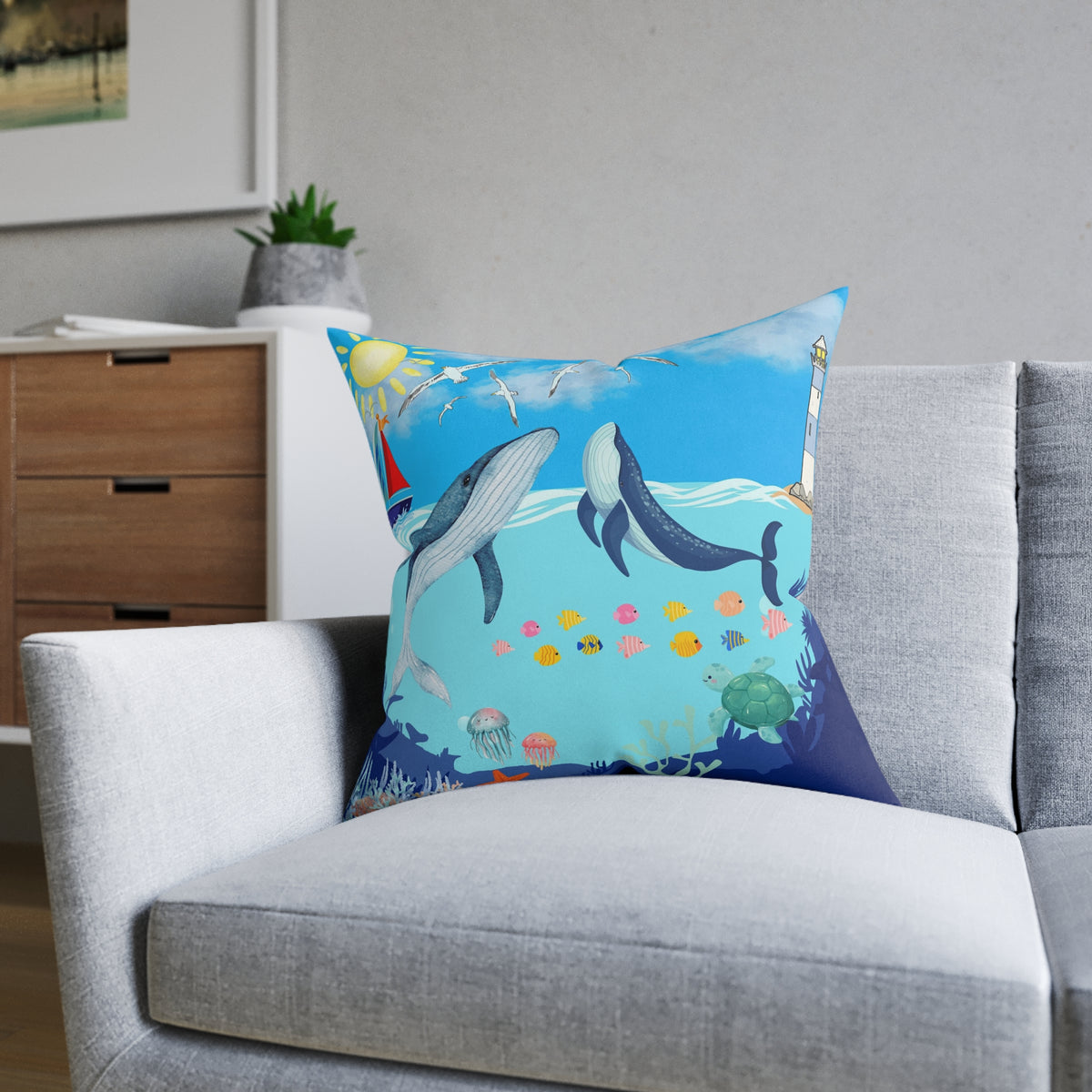 Whale Adventure Square Pillow – Coastal Home Decor Printify