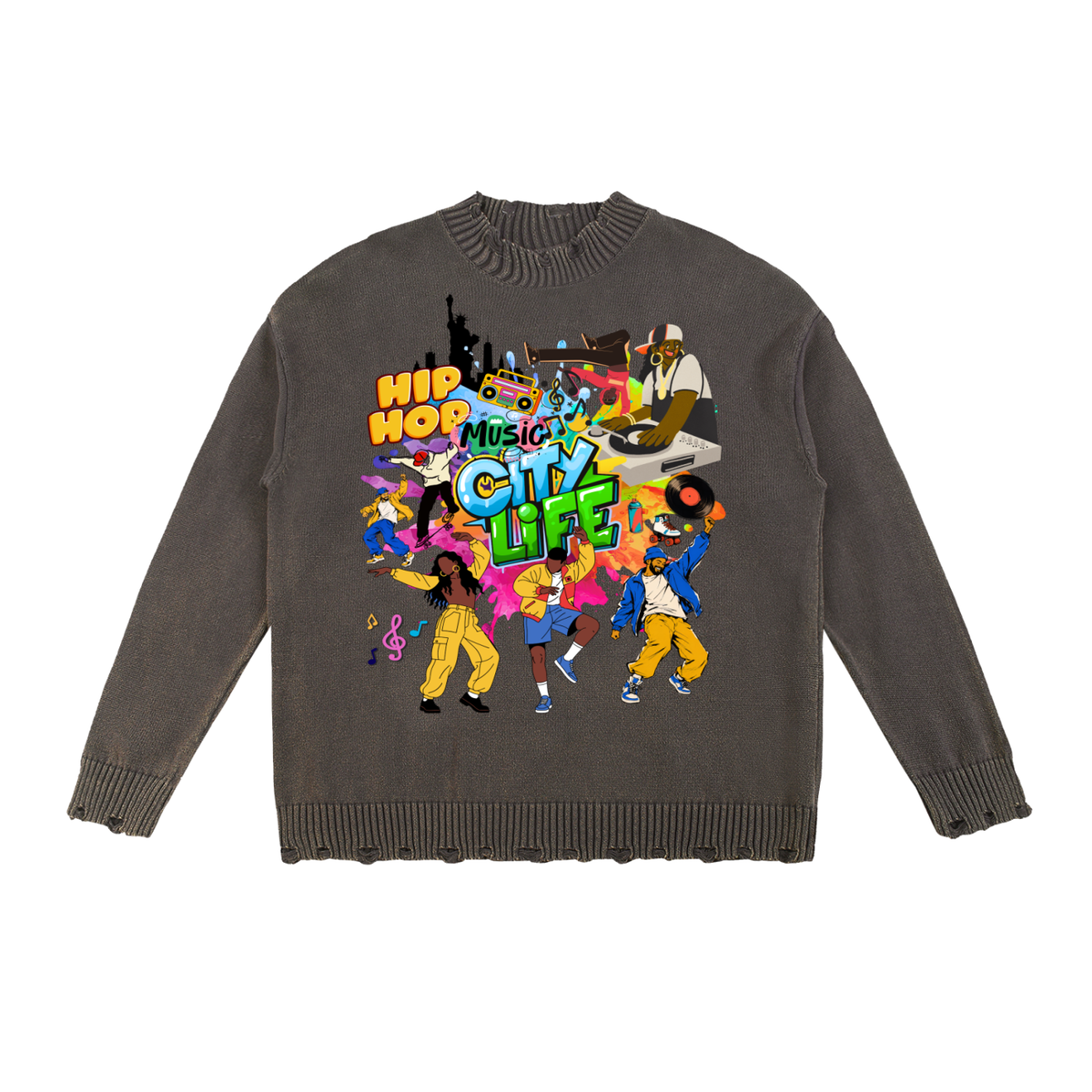 City Life Graphic Unisex Vintage Washed Hand-Frayed Sweater