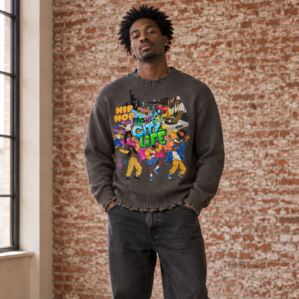 City Life Graphic Unisex Vintage Washed Hand-Frayed Sweater