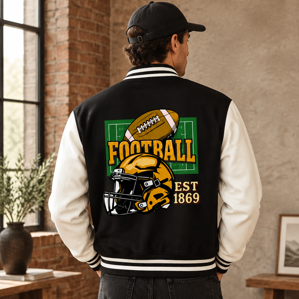 Graphic Unisex Football Themed Two-Tone Fleeced Varsity Jacket