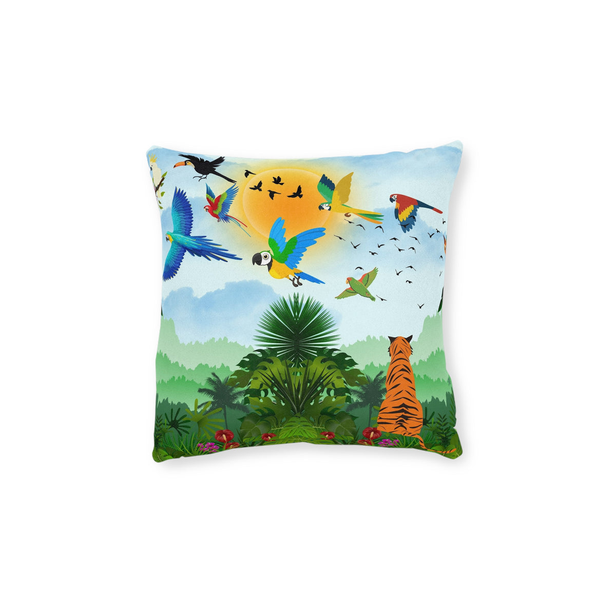 Tropical Jungle Square Pillow — Colorful Parrots & Tiger Decorative Throw Pillow Printify