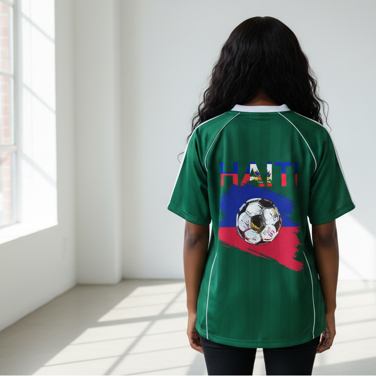 Unisex Haiti Flag Themed Graphic Shadow Stripe Collared Soccer Jersey