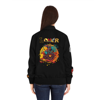 Dragon Graphic Women's Bomber Jacket, Mythical All Over Design, Zip Up