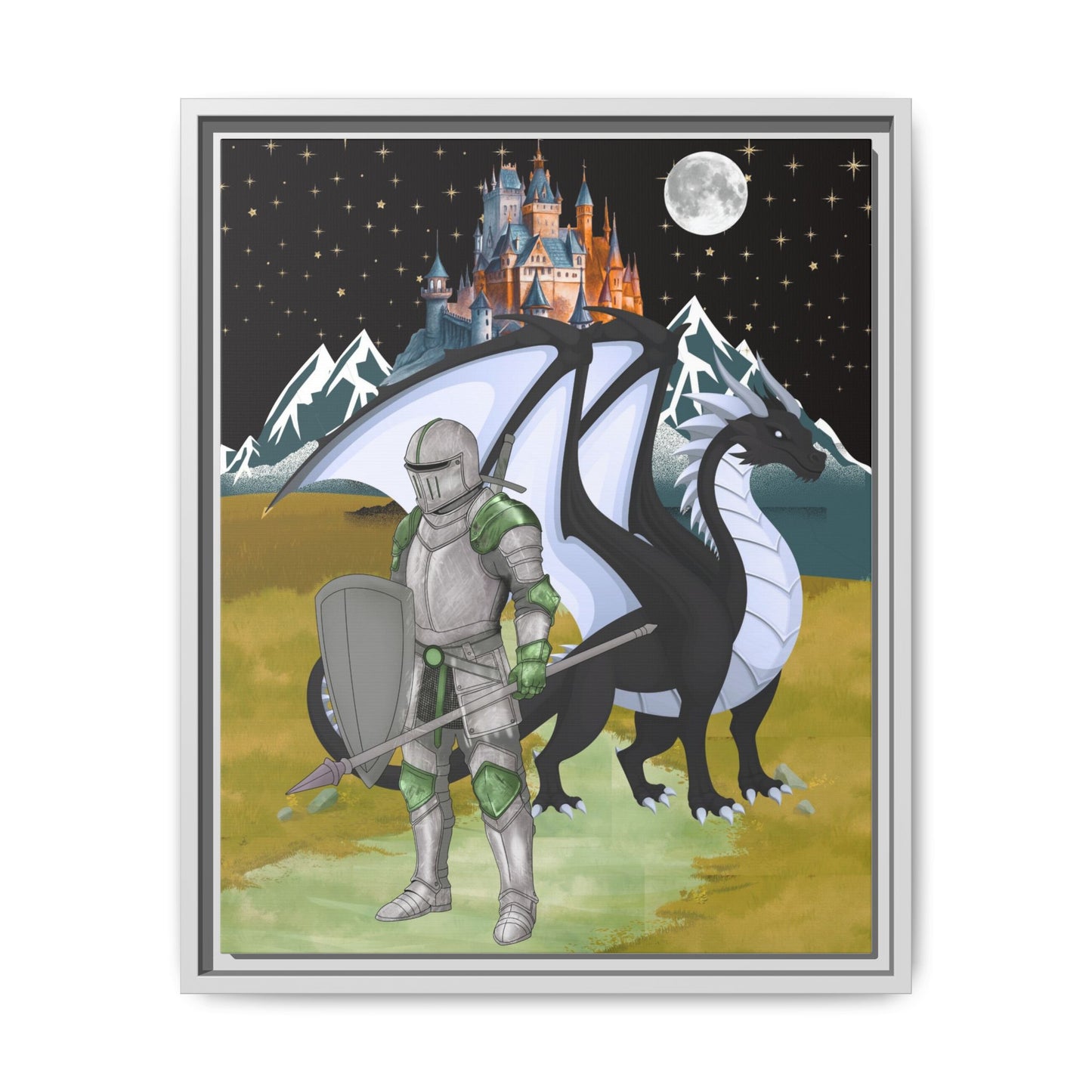 Framed Matte Canvas - Knight and Dragon Fantasy Art