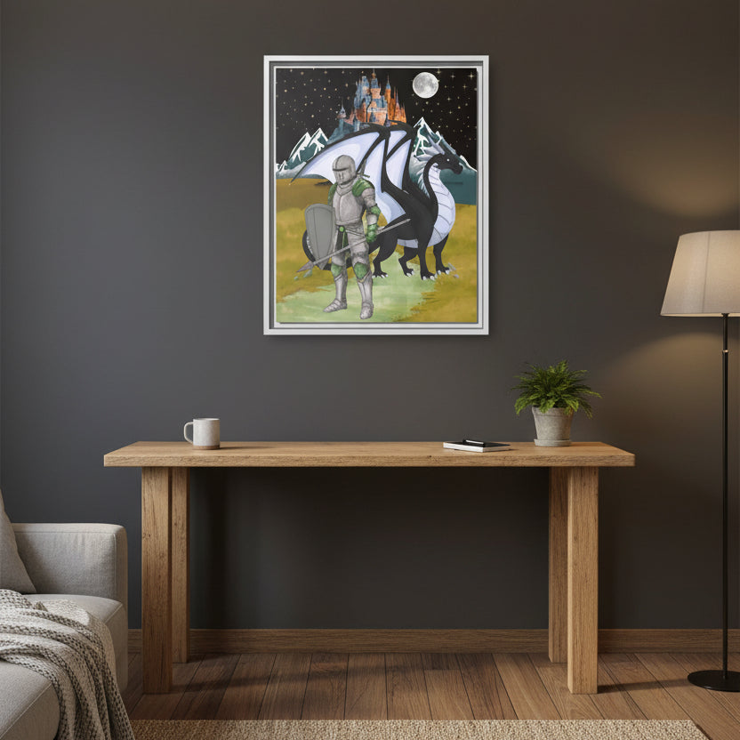 Framed Matte Canvas - Knight and Dragon Fantasy Art Printify