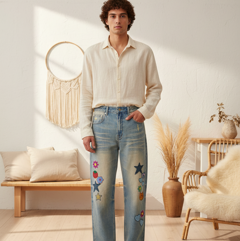 Unisex's Sticker Themed Graphic Sun Fade Raw Hem Denim Jeans