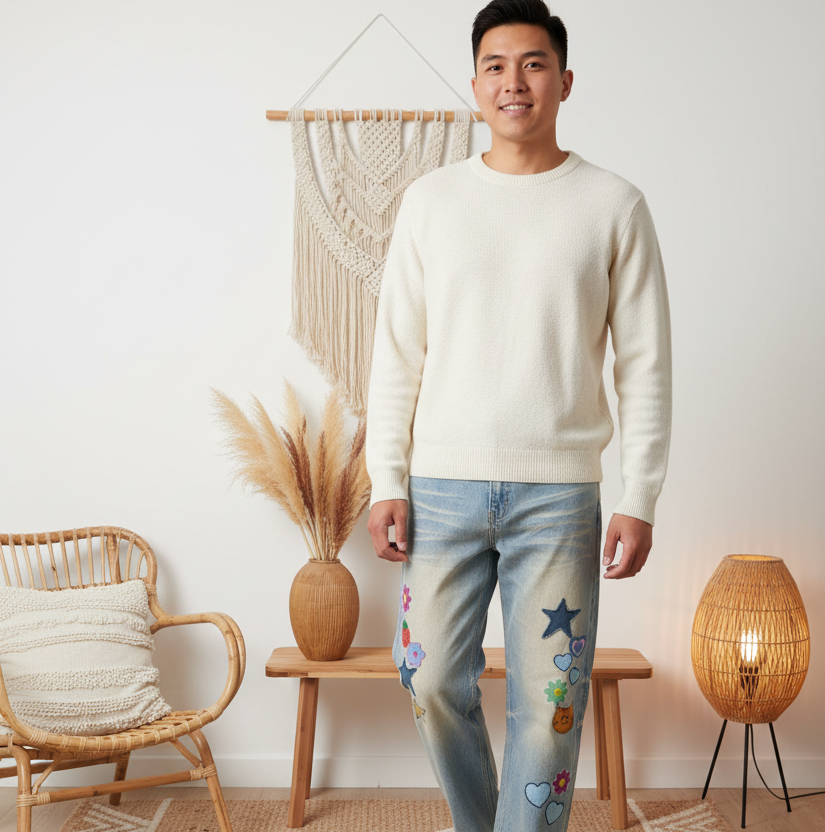 Unisex's Sticker Themed Graphic Sun Fade Raw Hem Denim Jeans