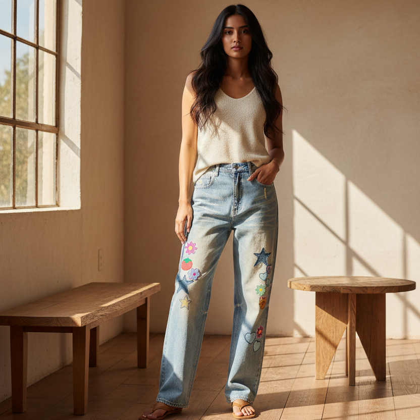 Women's Sticker Themed Graphic Sun Fade Raw Hem Denim Jeans