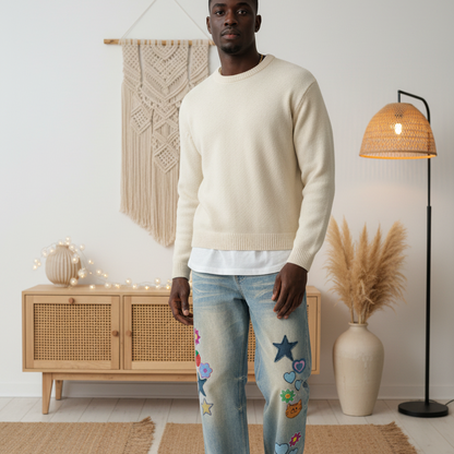 Unisex's Sticker Themed Graphic Sun Fade Raw Hem Denim Jeans