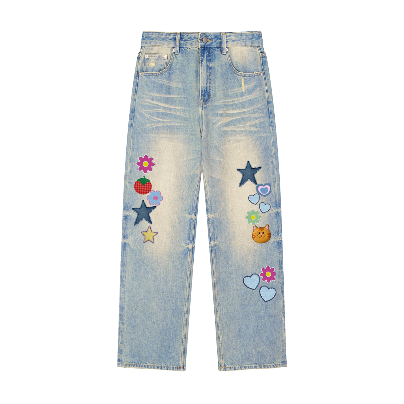 Unisex's Sticker Themed Graphic Sun Fade Raw Hem Denim Jeans