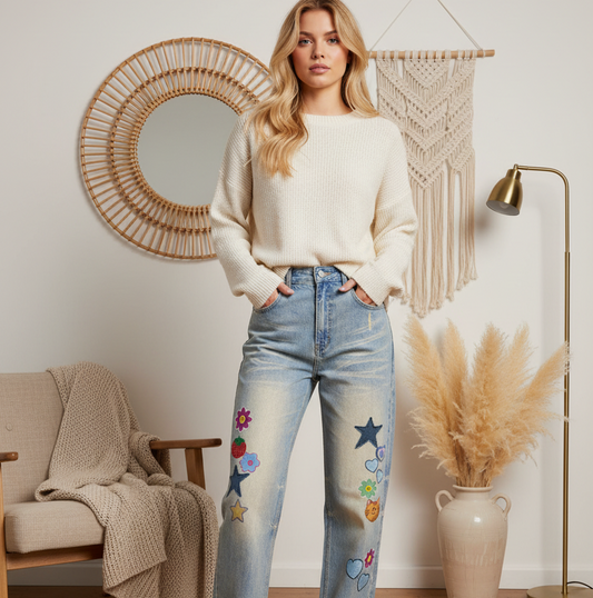 Unisex's Sticker Themed Graphic Sun Fade Raw Hem Denim Jeans