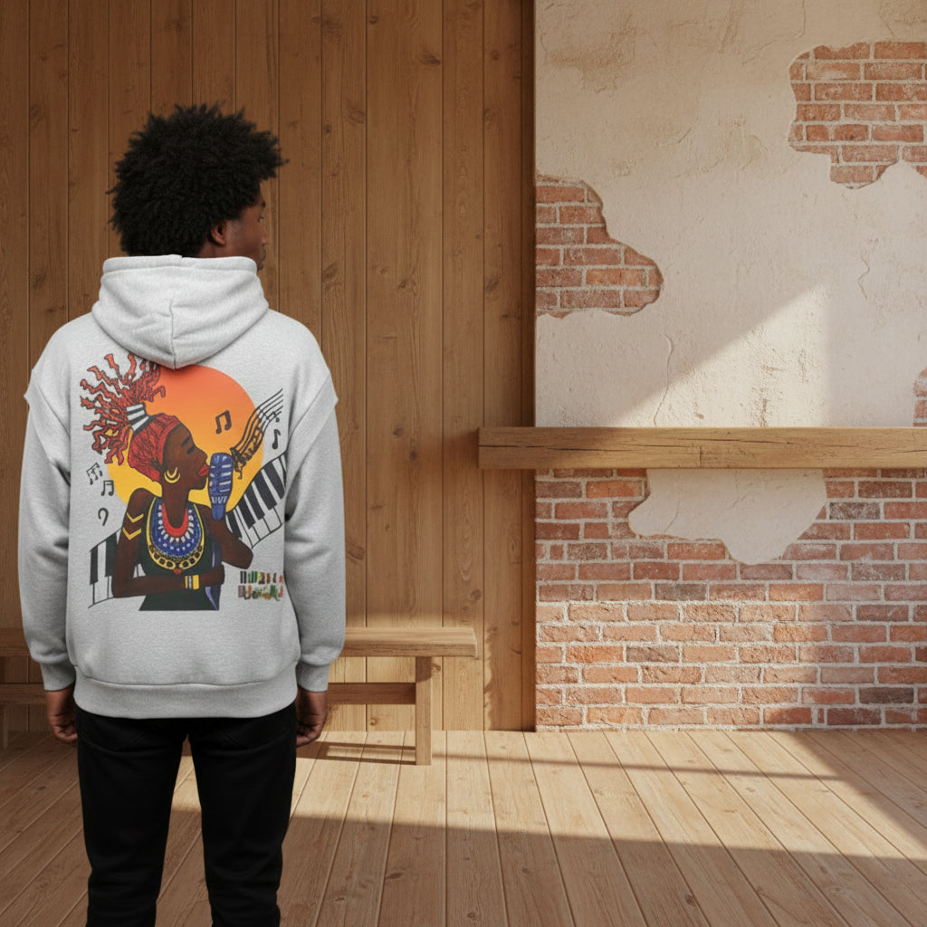 Jazz Singer Graphic Double-Layered Zip-Up Hoodie, featuring contrast tape detailing and raw-edge accents. ODMPOD