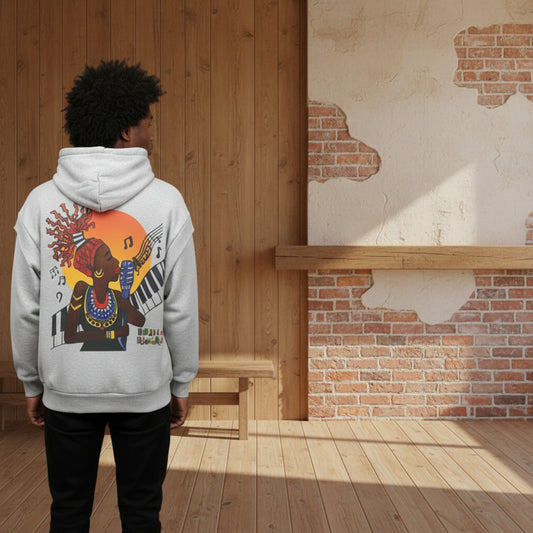 Jazz Singer Graphic Double-Layered Zip-Up Hoodie, featuring contrast tape detailing and raw-edge accents. ODMPOD