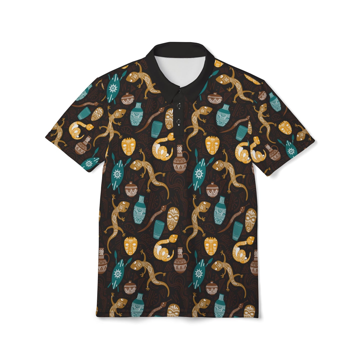 Safari Mask & Gecko Polo Shirt — Tropical Tribal Print Polo