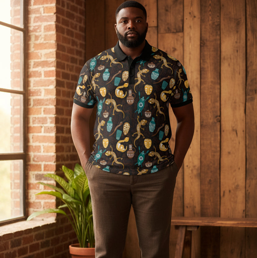 Safari Mask & Gecko Polo Shirt — Tropical Tribal Print Polo