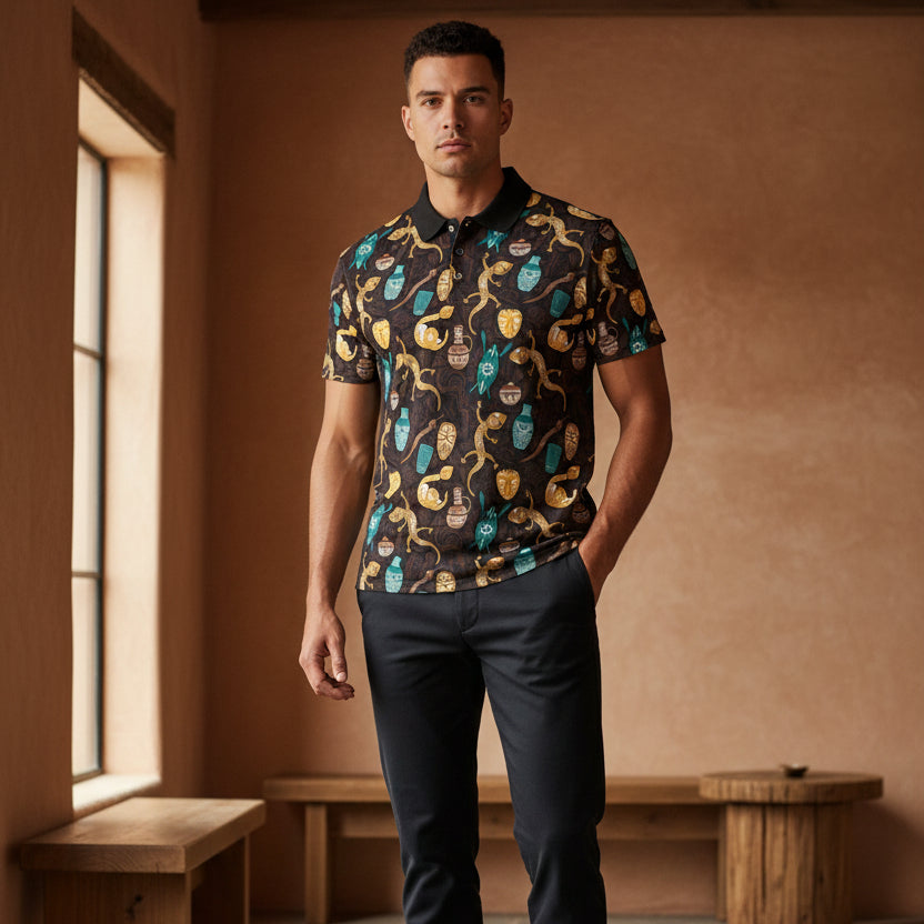 Safari Mask & Gecko Polo Shirt — Tropical Tribal Print Polo