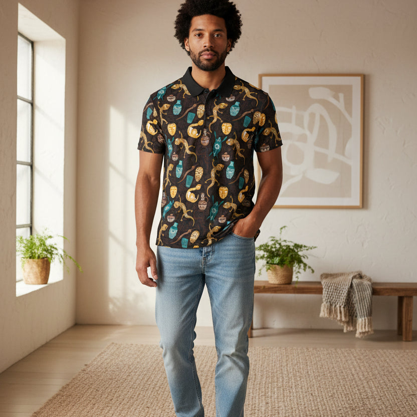 Safari Mask & Gecko Polo Shirt — Tropical Tribal Print Polo