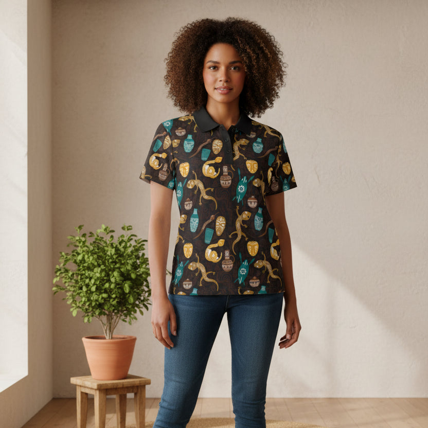 Safari Mask & Gecko Polo Shirt — Tropical Tribal Print Polo