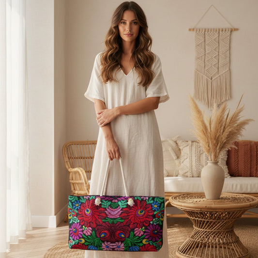 Boho Floral Weekender Bag — Vibrant Embroidered-Inspired Travel Tote