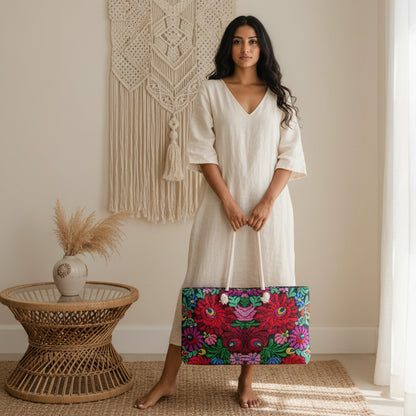 Boho Floral Weekender Bag — Vibrant Embroidered-Inspired Travel Tote