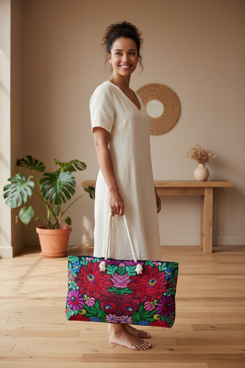 Boho Floral Weekender Bag — Vibrant Embroidered-Inspired Travel Tote