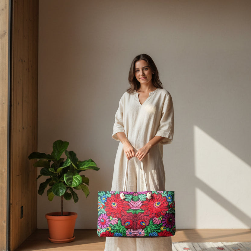 Boho Floral Weekender Bag — Vibrant Embroidered-Inspired Travel Tote