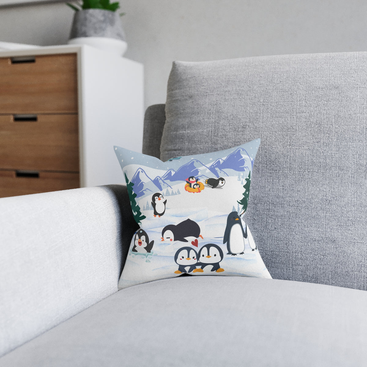 Cute Penguin Square Pillow, Cozy Winter Decor, Animal Lover Gift, Kids Room Accent Printify