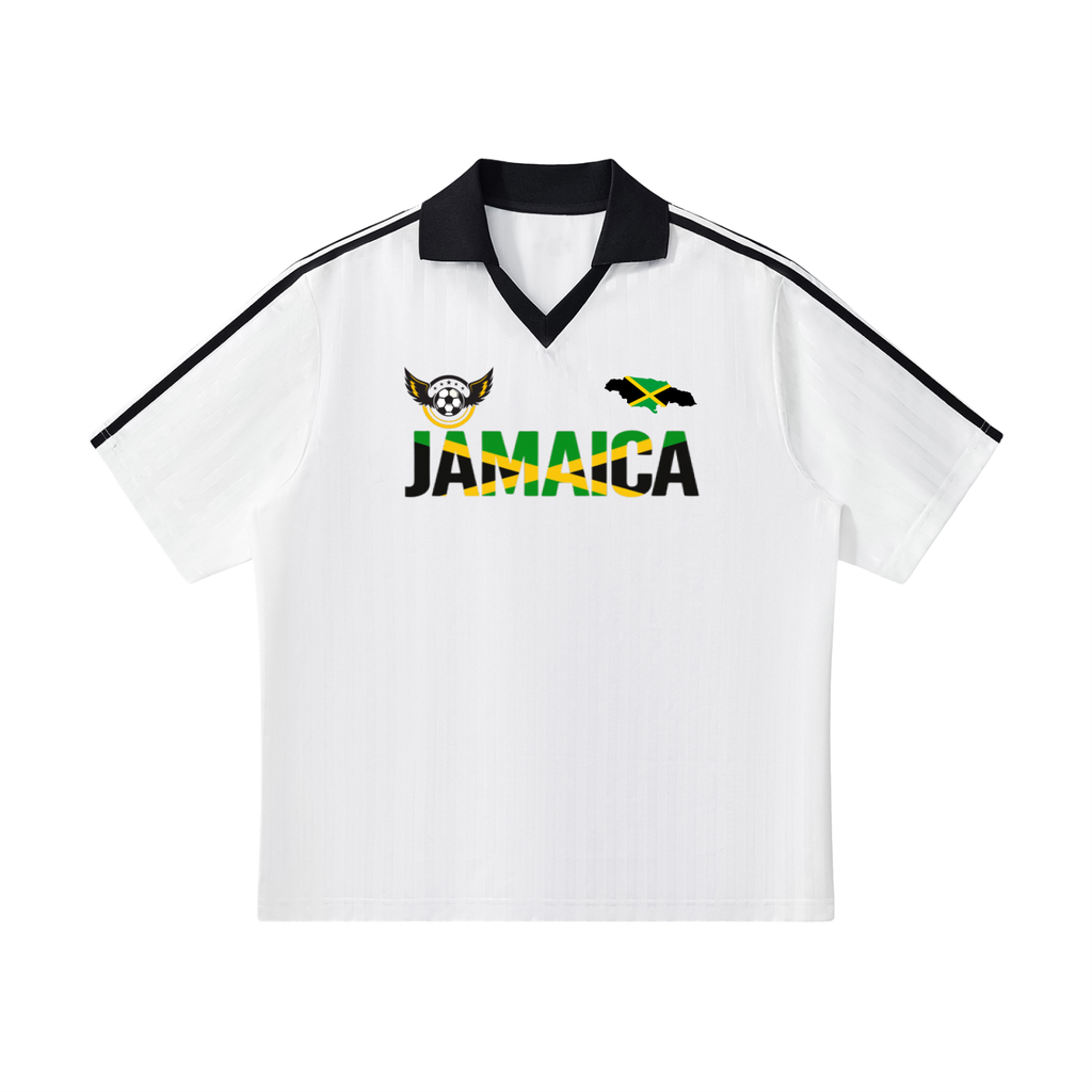 Unisex Soccer Jersey Featuring a Jamaican Flag-Inspired Design with Contrast Collar and Striped Pattern ODMPOD