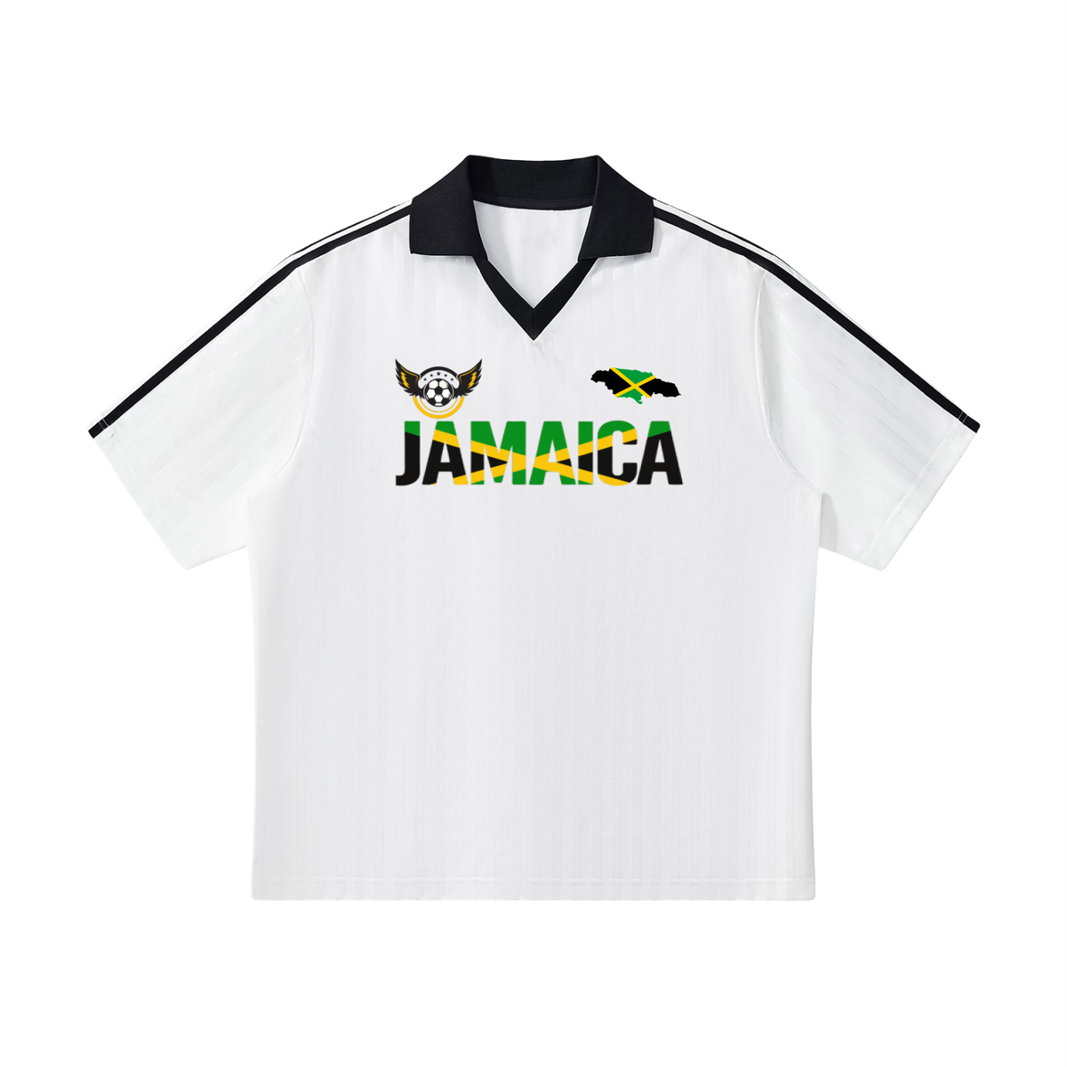 Unisex Soccer Jersey Featuring a Jamaican Flag-Inspired Design with Contrast Collar and Striped Pattern ODMPOD