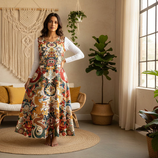 Elegant Dragon and  Floral Print Long Sleeve Dance Dress, Perfect for Parties