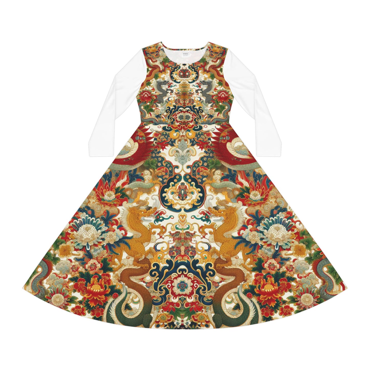 Elegant Dragon and  Floral Print Long Sleeve Dance Dress, Perfect for Parties