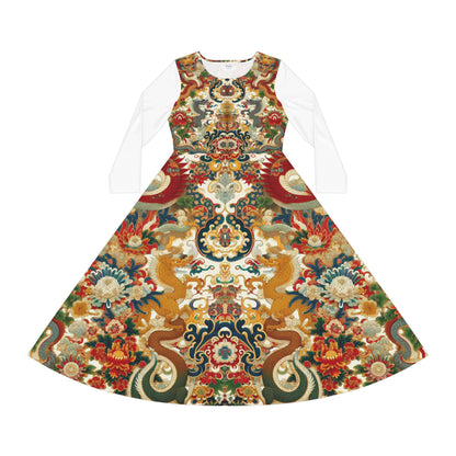 Elegant Dragon and  Floral Print Long Sleeve Dance Dress, Perfect for Parties